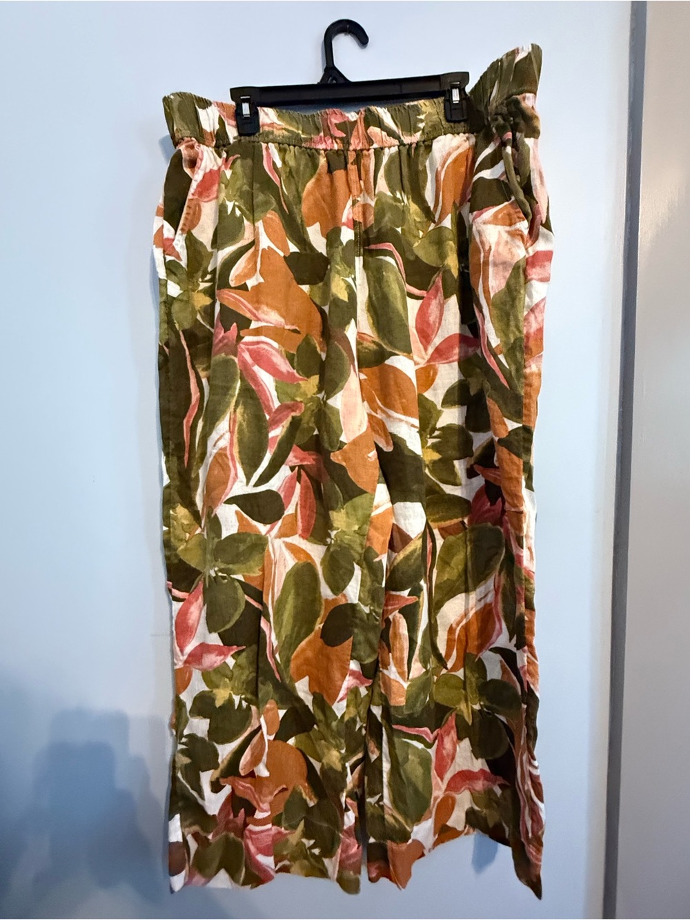 Tahari 100% Linen High Rise Wide‎ Leg Tropical Palm Hawaiian Crop Pants Sz 2XL